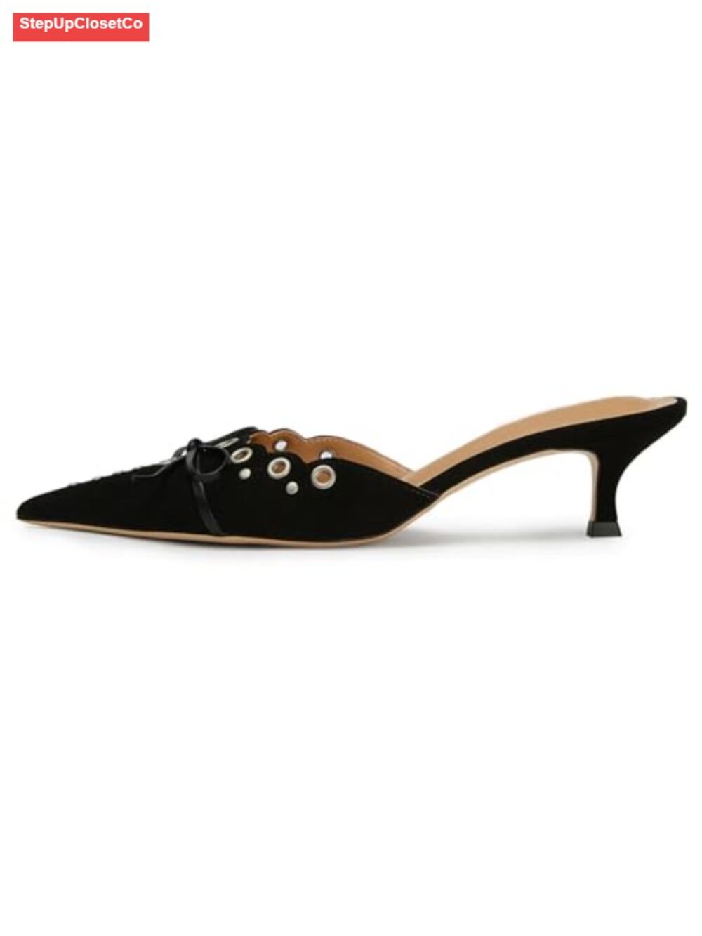 Kitten Heels Suede Leather Bow Studded Mules Pointed Toe Slip On Pumps
